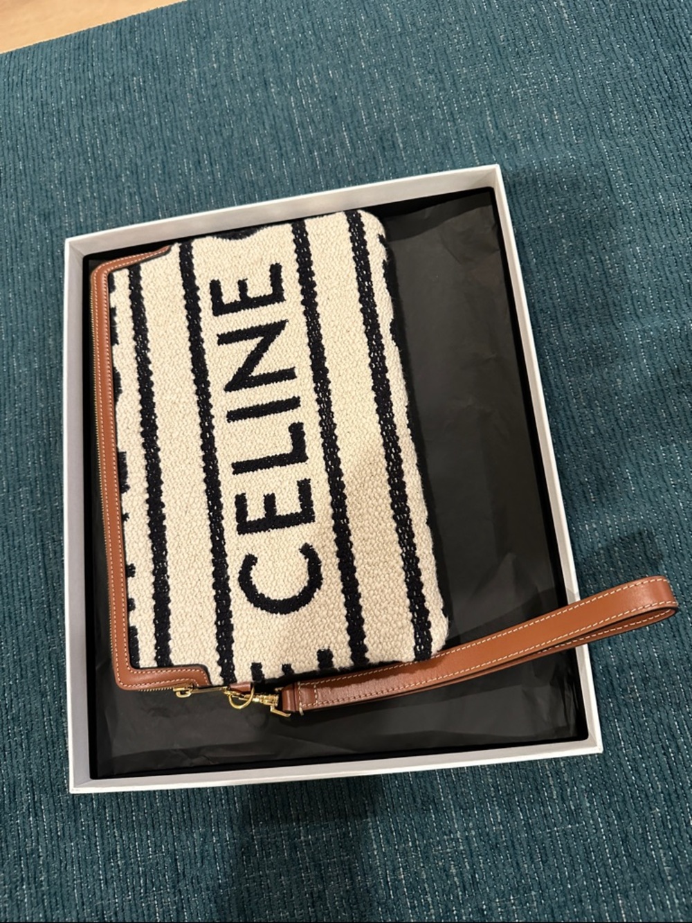 Celine Black and Cream Striped Canvas Wristlet with Tan Trim - Picture 15 of 17